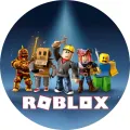 Kulatý jedlý obrázek na dort – Roblox, 5 hrdinů na modrém pozadí (modrá, žlutá, červená)
