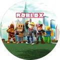 Kulatý jedlý obrázek na dort – Roblox, hrdinové před mrakodrapy (modrá, tyrkysová, zelená)