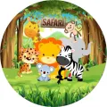Kulatý jedlý obrázek na dort – Safari, zvířátka u cedule a koala (zelená, žlutá, hnědá)