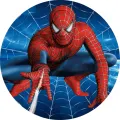 Kulatý jedlý obrázek na dort – Spiderman, skok na modré pavučině (červená, modrá)