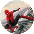 Kulatý jedlý obrázek na dort – Spiderman, balancování na konstrukci (červená, černá, šedá)