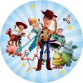 Kulatý jedlý obrázek na dort – Toy Story, Woody, přátelé a Duke Caboom (modrá, žlutá, hnědá)