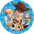 Kulatý jedlý obrázek na dort – Toy Story, Woody, Bo Peep a Vidlík (modrá, hnědá, žlutá)