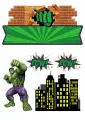 Obdélníkový jedlý papír k výřezu – Hulk, se siluetou města, pěstí a nápisy POW! (zelená, fialová, žlutá)
