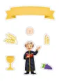 Obdélníkový jedlý papír k výřezu – Kněz, v černé klerice s Biblí a kalichem (žlutá, černá, bílá)