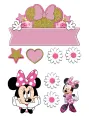Obdélníkový jedlý papír k výřezu – Minnie, růžové šaty, stuha a zlaté ucho (růžová, zlatá, bílá)