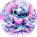 Kulatý jedlý obrázek na dort – Lilo a Stitch, Stitch se třpytivým srdcem (růžová, fialová, modrá)