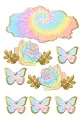 Obdélníkový jedlý papír k výřezu – Motýlci, pastelový tie-dye mrak a růže (duhová, růžová, zlatá)