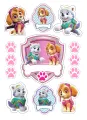 Obdélníkový jedlý papír k výřezu – Paw Patrol, Skye a Everest s medailony (růžová, bílá, tyrkysová)