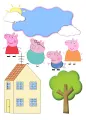 Obdélníkový jedlý papír k výřezu – Prasátko Peppa, rodinka u domečku se sluncem (růžová, modrá, zelená)