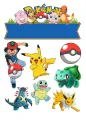 Obdélníkový jedlý papír k výřezu – Pokémon, Ash, Pikachu a cedule na jméno (žlutá, zelená, modrá)