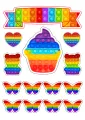 Obdélníkový jedlý papír k výřezu – Pop It, duhový cupcake, medvídci a motýlci (duhová, červená, modrá)