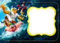Obdélníkový jedlý obrázek na dort – SpongeBob, superhrdinové na mořské vlně (modrá, žlutá, bílá)