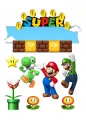 Obdélníkový jedlý papír k výřezu – Super Mario, Mario, Luigi a Yoshi se stuhou (červená, modrá, zelená)