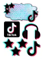 Obdélníkový jedlý papír k výřezu – TikTok, 3D sluchátka, noty a jmenovka (černá, tyrkysová, růžová)