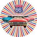 Kulatý jedlý obrázek na dort – Auto, Route 66 (modrá, červená, bílá)