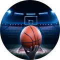 Kulatý jedlý obrázek na dort – Basketbal, ruka s míčem a stadion (modrá, černá, žlutá)
