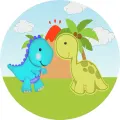 Kulatý jedlý obrázek na dort – Dinosauři, tyrkysový tyranosaurus a sopka (zelená, modrá, žlutá)
