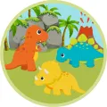 Kulatý jedlý obrázek na dort – Dinosauři, oranžový T-Rex a lávová sopka (zelená, modrá, žlutá)