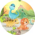 Kulatý jedlý obrázek na dort – Dinosauři, čtyři mláďata a vajíčko u sopky (zelená, žlutá, modrá)