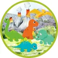Kulatý jedlý obrázek na dort – Dinosauři, akvarelová parta pod sopkami (zelená, červená, modrá)