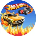 Kulatý jedlý obrázek na dort – Hot Wheels, Oranžový sporťák a hot rod (modrá, žlutá, červená)