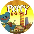 Kulatý jedlý obrázek na dort – Huggy Wuggy, u továrny s nápisem Poppy (žlutá, modrá, červená)