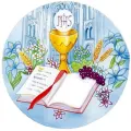 Kulatý jedlý obrázek na dort – Křest a přijímání, Bible, kalich a chrám (modrá, zlatá, bílá)