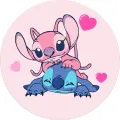 Kulatý jedlý obrázek na dort – Lilo a Stitch, ležící Stitch a zamilovaná Angel (růžová, modrá)