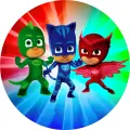 Kulatý jedlý obrázek na dort – PJ Masks (zelená, modrá, červená)