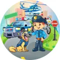 Kulatý jedlý obrázek na dort – Policista, se psem, autem a vrtulníkem (modrá, zelená, šedá)