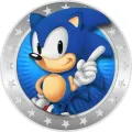 Kulatý jedlý obrázek na dort – Sonic, medailon s hvězdami a prstem nahoru (modrá, stříbrná, bílá)