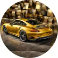 Kulatý jedlý obrázek na dort – Sporťák Porsche (zlatá, černá, hnědá)