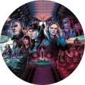 Kulatý jedlý obrázek na dort – Stranger Things, Eleven, Max a Upside Down (modrá, černá, červená)