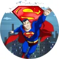 Kulatý jedlý obrázek na dort – Superman, v letu nad mrakodrapy města (modrá, červená, žlutá)