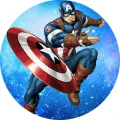 Kulatý jedlý obrázek na dort – Avengers, Kapitán Amerika v letu s jiskrami (modrá, červená, bílá)