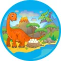 Kulatý jedlý obrázek na dort – Dinosauři, oranžový ještěr a hnízdo s vejci (modrá, zelená, červená)