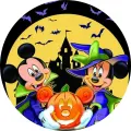 Kulatý jedlý obrázek na dort – Mickey a Minnie, Halloween s dýní a hradem (žlutá, černá, fialová)