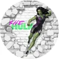 Kulatý jedlý obrázek na dort – She Hulk, prorážející cihlovou zeď (zelená, fialová, bílá)