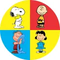 Kulatý jedlý obrázek na dort – Snoopy, Charlie Brown a přátelé ve 4 polích (žlutá, červená, modrá)
