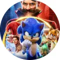 Kulatý jedlý obrázek na dort – Sonic, filmový hrdina, Tails a Robotnik (modrá, červená, žlutá)