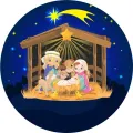 Kulatý jedlý obrázek na dort – Vánoce, Kreslený betlém se zvířátky a kometou (modrá, žlutá, hnědá)