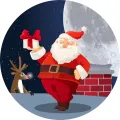 Kulatý jedlý obrázek na dort – Vánoce, Santa na střeše u komína se sobem (červená, modrá, bílá)