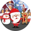 Kulatý jedlý obrázek na dort – Vánoce, Santa, sněhulák a sob u domečků (červená, bílá, modrá)
