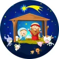Kulatý jedlý obrázek na dort – Vánoce, Jesličky se zvířátky a kometou (modrá, hnědá, žlutá)