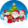 Kulatý jedlý obrázek na dort – Vánoce, Santa, paní Santová a sněhulák (modrá, červená, bílá)
