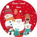 Kulatý jedlý obrázek na dort – Vánoce, Santa, zvířátka a Šťastné a Veselé (červená, bílá, hnědá)