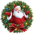 Kulatý jedlý obrázek na dort – Vánoce, Santa Claus ve věnci s mašlí (zelená, červená, bílá)