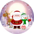 Kulatý jedlý obrázek na dort – Vánoce, Santa, sob, sněhulák a tučňák (fialová, červená, bílá)