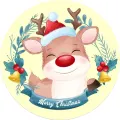 Kulatý jedlý obrázek na dort – Vánoce, Sobík a nápis Merry Christmas (hnědá, červená, modrá)